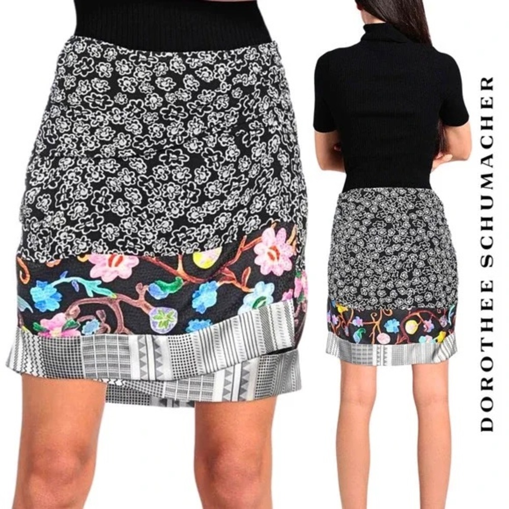 Dorothee Schumacher Mixed Florals Faux Wrap Black & White Mini Skirt Size 0 NWT